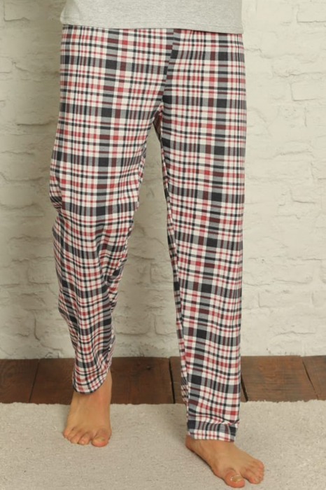 Pijama bumbac barbat, cu maneci si pantaloni lungi, model carouri gri [2]