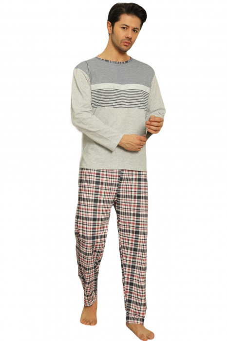Pijama bumbac barbat, cu maneci si pantaloni lungi, model carouri gri [4]