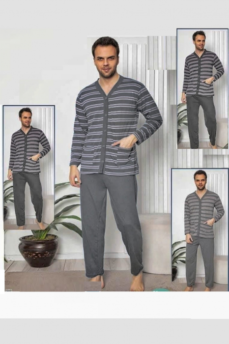 Pijama bumbac barbat, cu maneci si pantaloni lungi, gri [2]