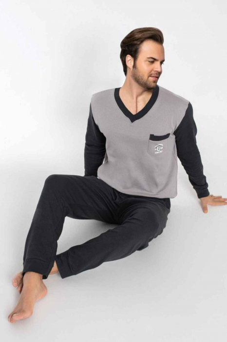 Pijama bumbac barbat marime mare-batal, cu maneci si pantaloni lungi, negru [2]