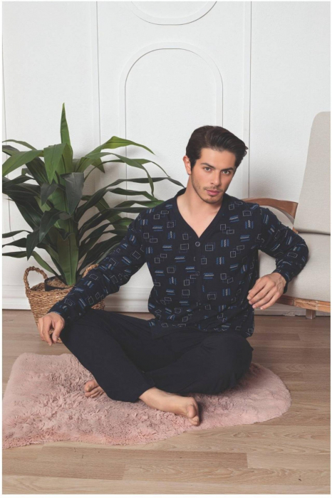 Pijama bumbac barbat cu nasturi, cu maneci si pantaloni lungi, negru 3006, embody [2]