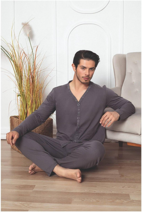Pijama bumbac barbat cu nasturi, cu maneci si pantaloni lungi, gri , embody [2]