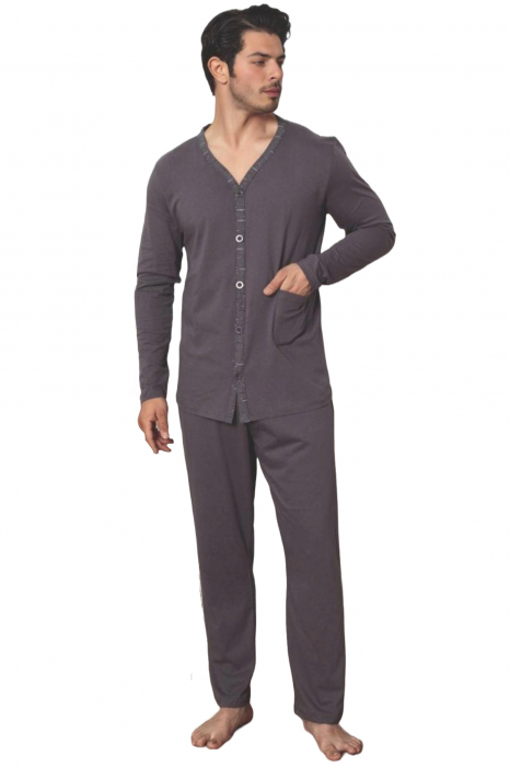 Pijama bumbac barbat cu nasturi, cu maneci si pantaloni lungi, gri , embody [3]
