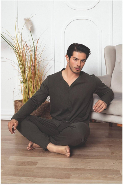 Pijama bumbac barbat cu nasturi, cu maneci si pantaloni lungi, negru 3006, embody [2]