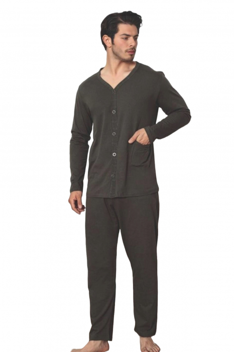 Pijama bumbac barbat cu nasturi, cu maneci si pantaloni lungi, negru 3006, embody [3]