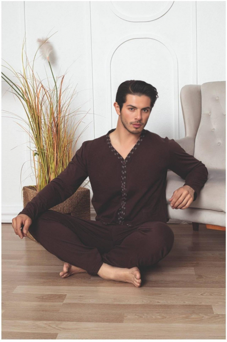 Pijama bumbac barbat cu nasturi, marime mare, cu maneci si pantaloni lungi, maro 3002, embody [2]
