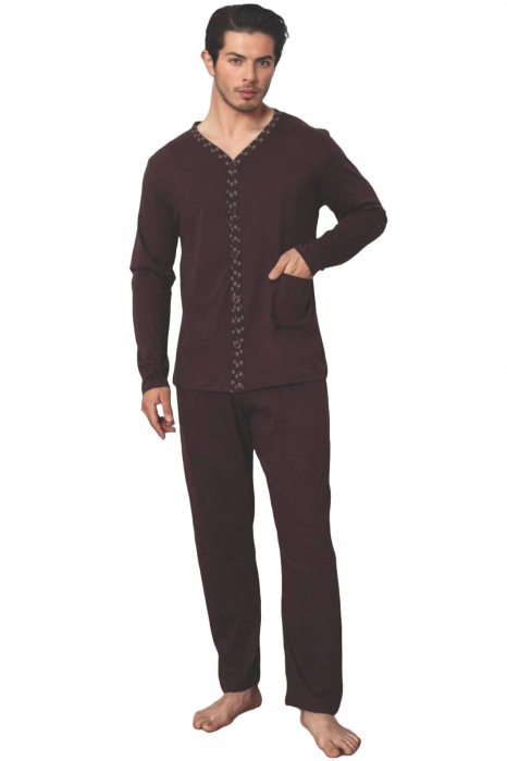Pijama bumbac barbat cu nasturi, marime mare, cu maneci si pantaloni lungi, maro 3002, embody [3]