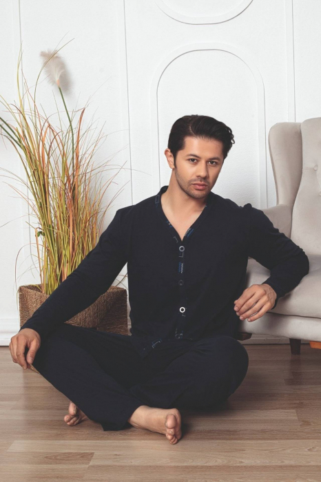 Pijama bumbac barbat cu nasturi, marime mare, cu maneci si pantaloni lungi, negru, embody [2]