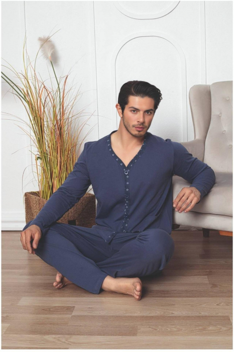 Pijama bumbac barbat cu nasturi, marime mare, cu maneci si pantaloni lungi, albastru 3003, embody [2]
