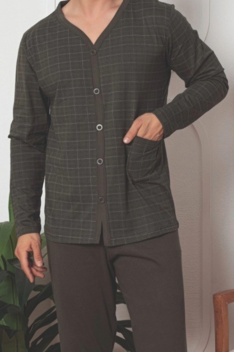 Pijama bumbac barbat cu nasturi, marime mare, cu maneci si pantaloni lungi, negru, embody [3]