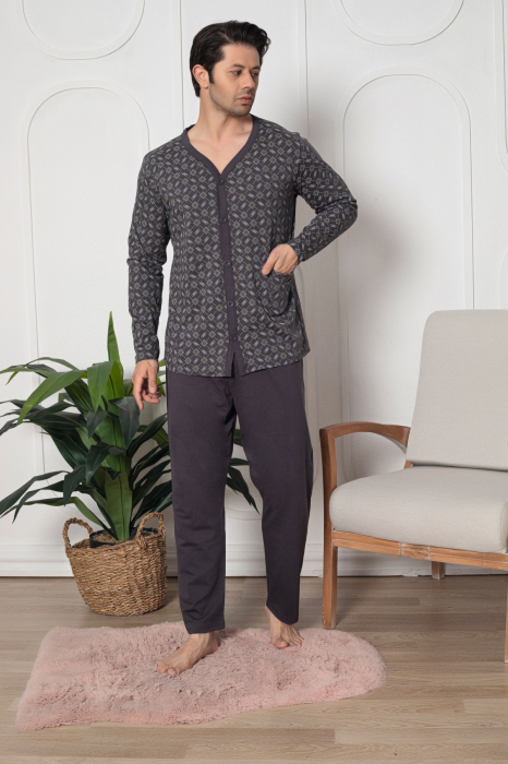 Pijama bumbac barbat cu nasturi si buzunar, marime mare, cu maneci si pantaloni lungi, gri 3010 [1]