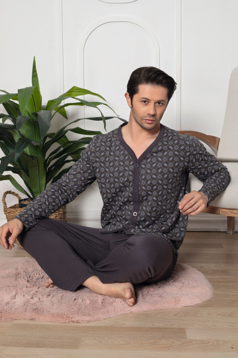 Pijama bumbac barbat cu nasturi si buzunar, marime mare, cu maneci si pantaloni lungi, gri 3010 [2]