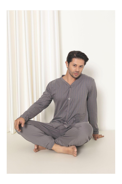 Pijama bumbac barbat cu nasturi si buzunar, marime mare, cu maneci si pantaloni lungi, gri 3012 [2]