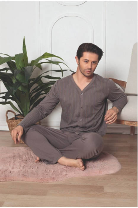 Pijama bumbac barbat cu nasturi, marime mare, cu maneci si pantaloni lungi, negru, embody [2]