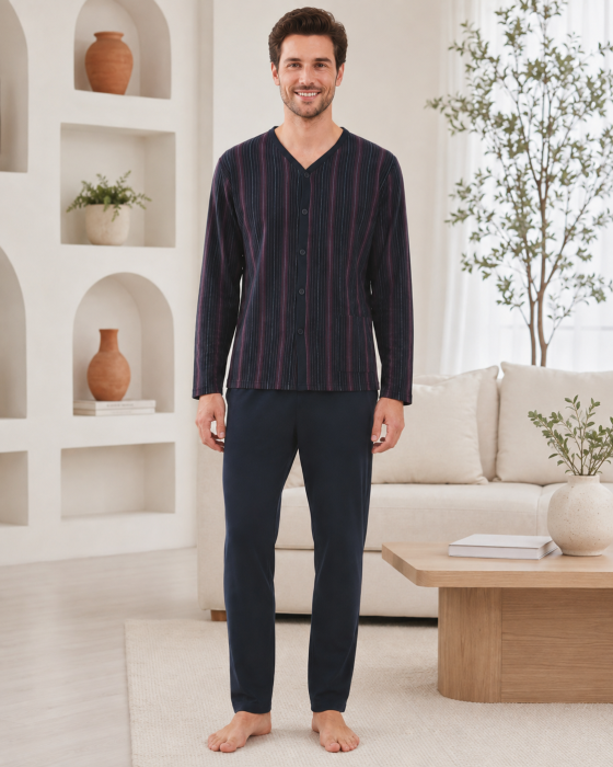 Pijama Barbati Bleumarin cu Nasturi si Pantaloni Lungi [3]