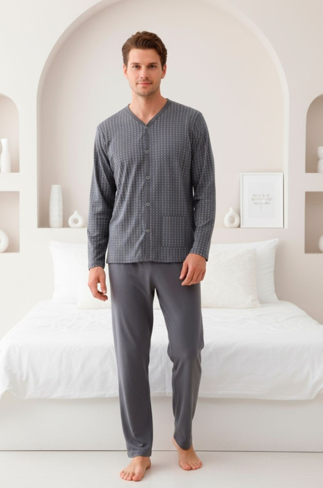 Pijama bumbac barbat cu nasturi si buzunare, marime mare, maneci si pantaloni lungi 3001 [1]