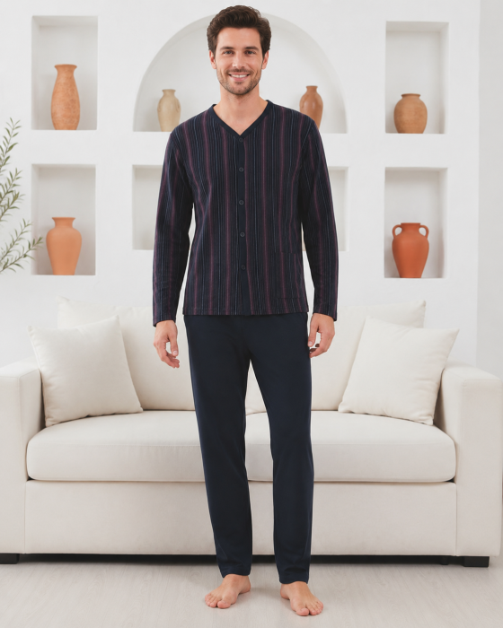 Pijama Barbati Bleumarin cu Nasturi si Pantaloni Lungi [2]