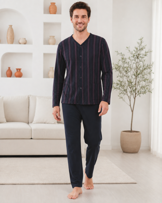 Pijama Barbati Bleumarin cu Nasturi si Pantaloni Lungi [4]