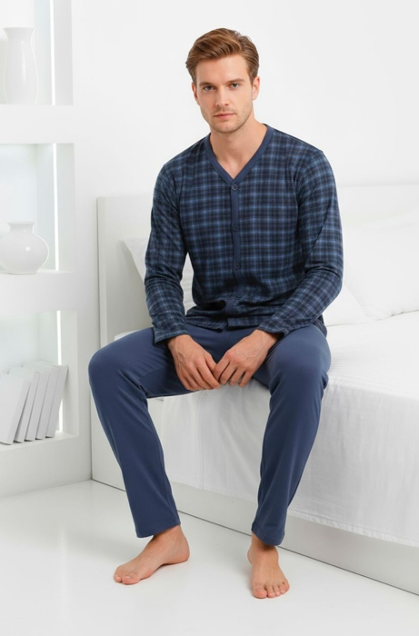 Pijama bumbac barbat cu nasturi si buzunare, marime mare, maneci si pantaloni lungi 3002 [2]