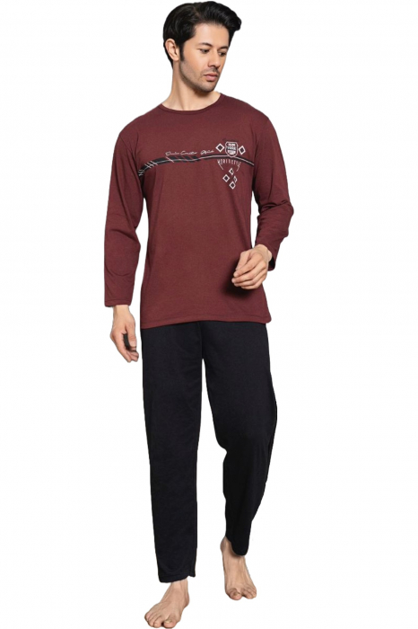 Pijama bumbac barbat, maneci pantaloni lungi, imprimeu style, visiniu, embody.ro [4]
