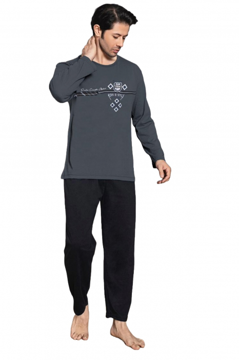 Pijama bumbac barbat, maneci pantaloni lungi, imprimeu style, negru, embody.ro [4]