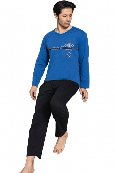 Pijama bumbac barbat, maneci pantaloni lungi, imprimeu style, albastru, embody.ro [4]