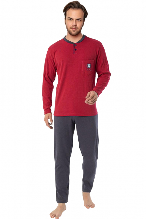 Pijama bumbac interlock barbat, maneci pantaloni lungi, imprimeu uni, visiniu, embody.ro [5]