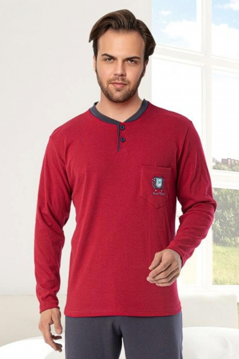 Pijama bumbac interlock barbat, maneci pantaloni lungi, imprimeu uni, visiniu, embody.ro [4]