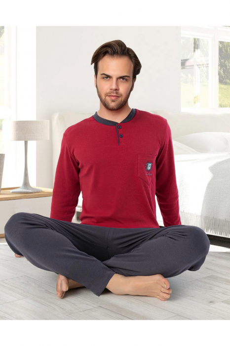 Pijama bumbac interlock barbat, maneci pantaloni lungi, imprimeu uni, visiniu, embody.ro [2]