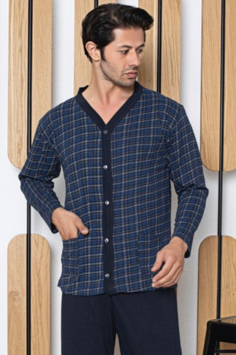 Pijama bumbac barbat, maneci pantaloni lungi, imprimeu uni, deschidere nasturi, bleumarin, embody.ro [3]