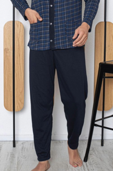 Pijama bumbac barbat, maneci pantaloni lungi, imprimeu uni, deschidere nasturi, bleumarin, embody.ro [2]