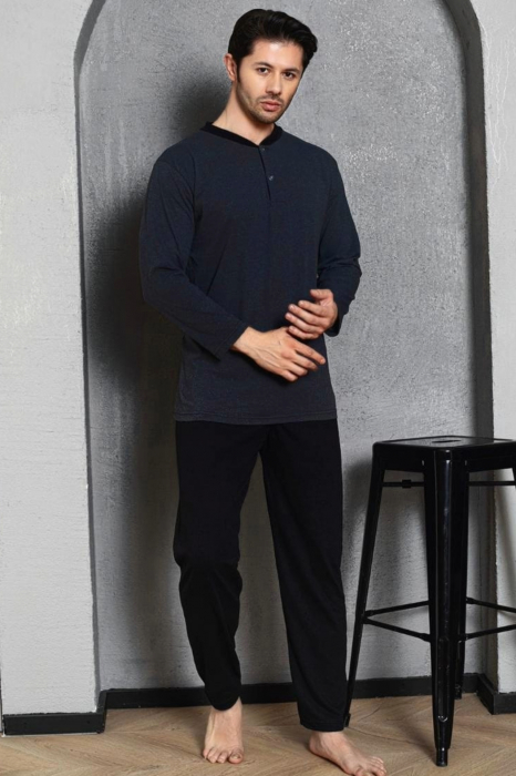 Pijama bumbac barbat, cu maneci si pantaloni lungi, imprimeu nautical dept, negru, embody.ro [3]