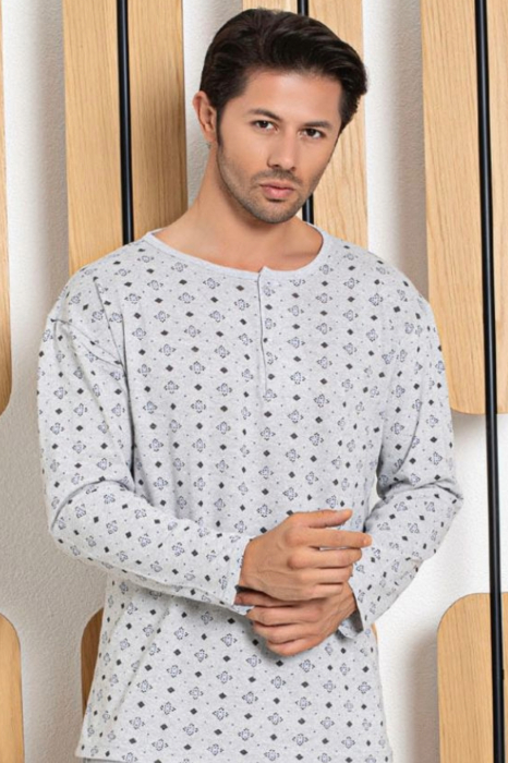 Pijama bumbac barbat, maneci pantaloni lungi, imprimeu uni, gri deschis, embody.ro [3]