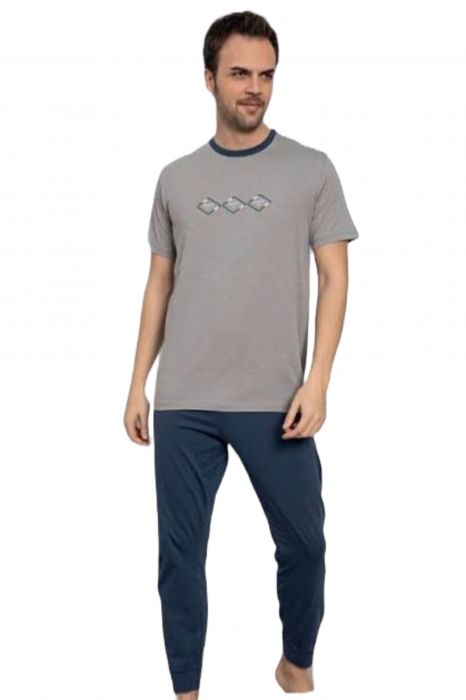 Pijama bumbac barbat, maneci scurte, pantaloni lungi, gri, embody.ro [3]