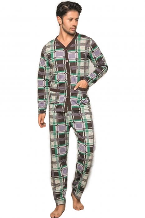 Pijama bumbac barbat, maneci si pantaloni lungi, buzunare laterale, multicolor [3]