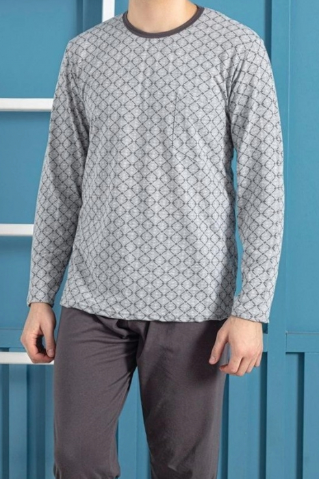 Pijama bumbac barbat, maneci si pantaloni lungi, imprimeu modern, kaki/bleumarin 508 embody [3]