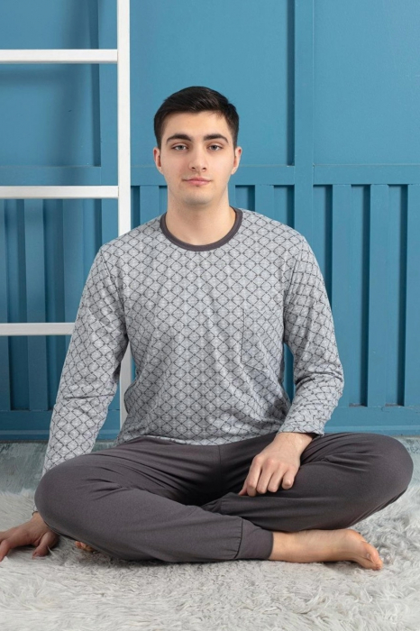 Pijama bumbac barbat, maneci si pantaloni lungi, imprimeu modern, kaki/bleumarin 508 embody [2]
