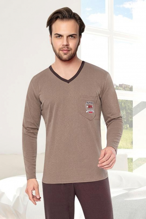 Pijama bumbac barbat marime mare-batal, cu maneci si pantaloni lungi, maro [4]