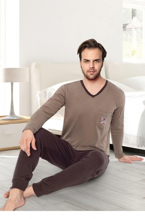 Pijama bumbac barbat marime mare-batal, cu maneci si pantaloni lungi, maro [2]
