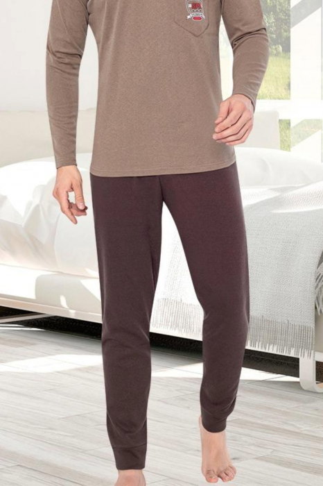 Pijama bumbac barbat marime mare-batal, cu maneci si pantaloni lungi, maro [3]