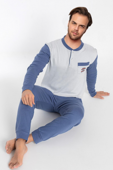 Pijama bumbac barbat marime mare-batal, cu maneci si pantaloni lungi, gri/albastru [2]