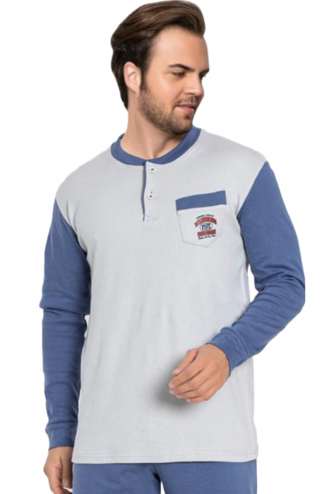 Pijama bumbac barbat marime mare-batal, cu maneci si pantaloni lungi, gri/albastru [3]