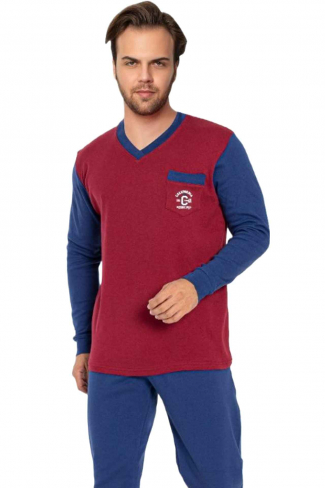Pijama bumbac barbat marime mare-batal, cu maneci si pantaloni lungi, albastru [3]