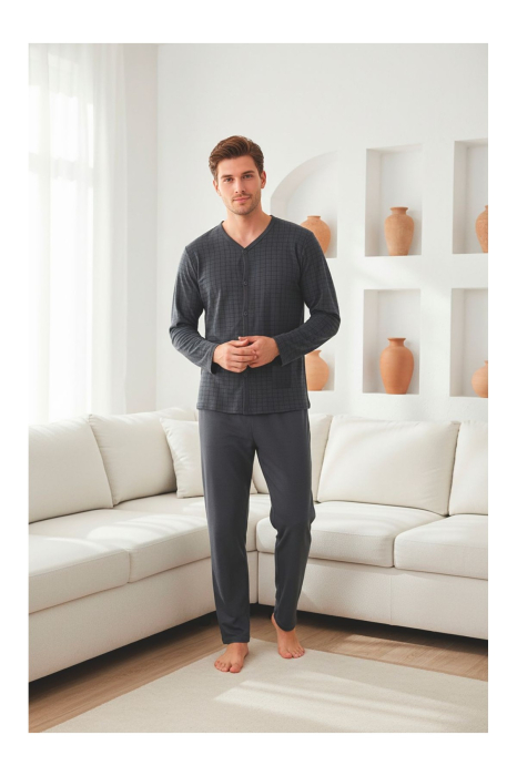 Pijama Barbati din Bumbac Gri Antracit cu Nasturi si Pantaloni Lungi 3004 [3]