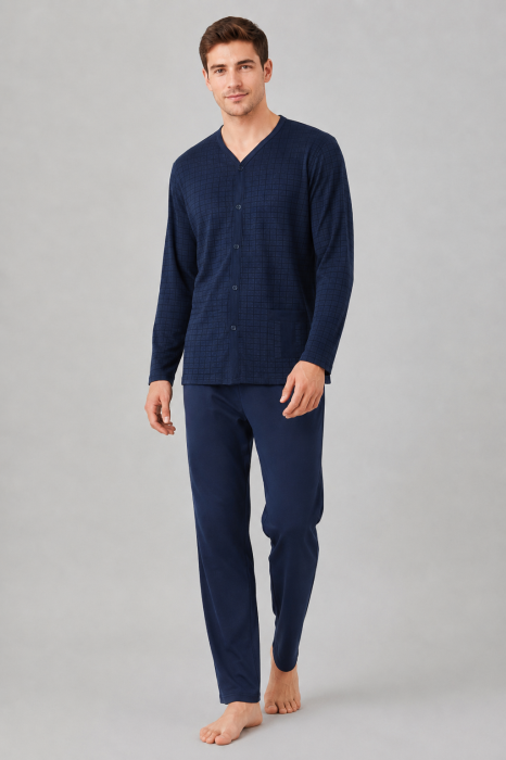 Pijama Barbati Bleumarin cu Nasturi si Pantaloni Lungi [3]