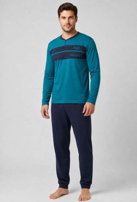 Pijama Barbati din Bumbac cu Bluza Turcoaz si Pantaloni Bleumarin, Maneca Lunga [4]