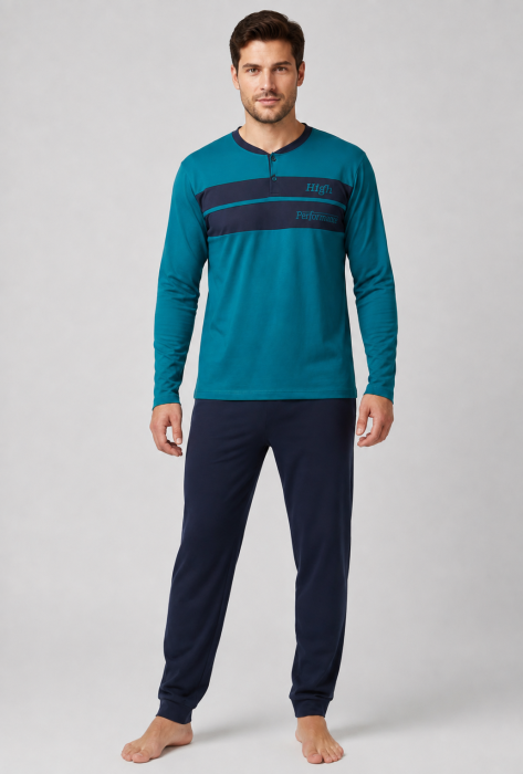 Pijama Barbati din Bumbac cu Bluza Turcoaz si Pantaloni Bleumarin, Maneca Lunga [6]