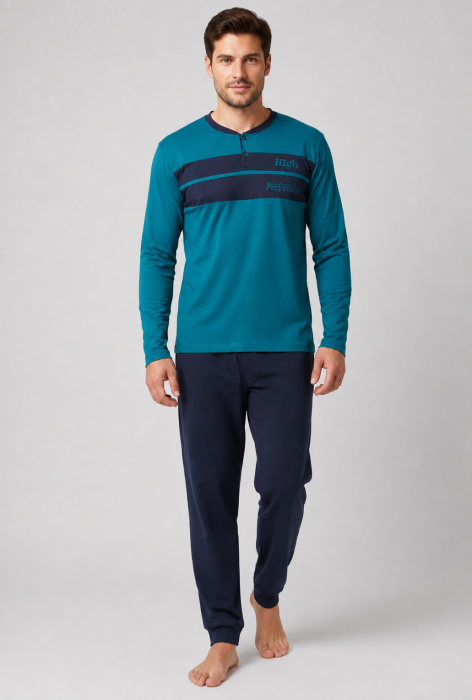 Pijama Barbati din Bumbac cu Bluza Turcoaz si Pantaloni Bleumarin, Maneca Lunga [5]