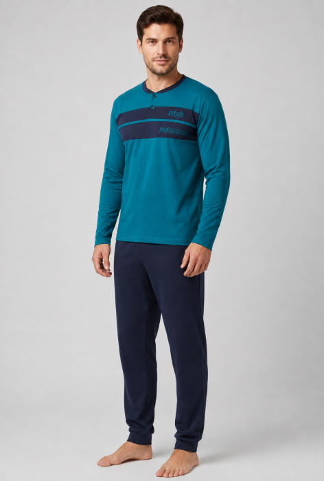 Pijama Barbati din Bumbac cu Bluza Turcoaz si Pantaloni Bleumarin, Maneca Lunga [3]