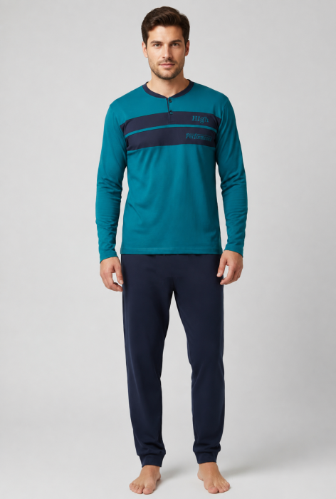 Pijama Barbati din Bumbac cu Bluza Turcoaz si Pantaloni Bleumarin, Maneca Lunga [2]